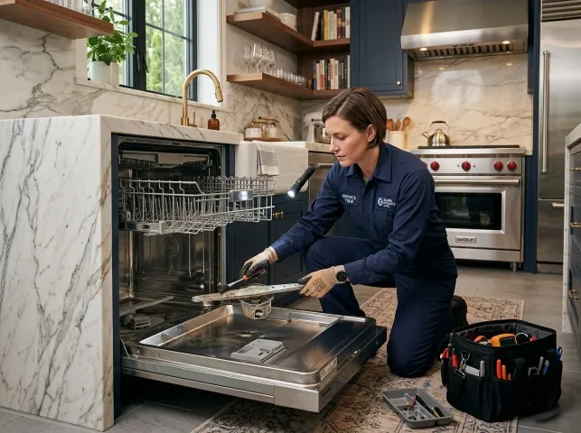 Appliance Repair Hero technician servicing a built-in dishwasher in a Bethany, OK kitchen