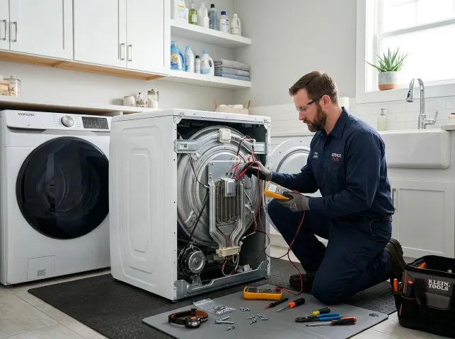 Appliance Repair Hero technician checking a dryer heating element with the rear panel off in Bethany, OK