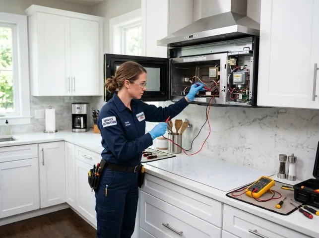 Appliance Repair Hero technician testing an over-the-range microwave in a Bethany, OK kitchen