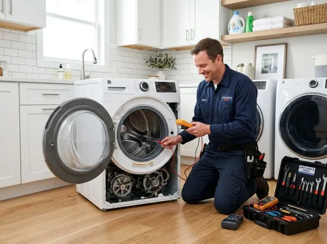 Appliance Repair Hero technician testing a front-load washer with a multimeter on a Bethany, OK service call